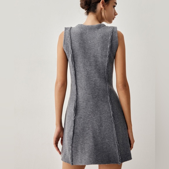 Gray knit Zip Down Piping Short Sweater Dress - Picture 6 of 7